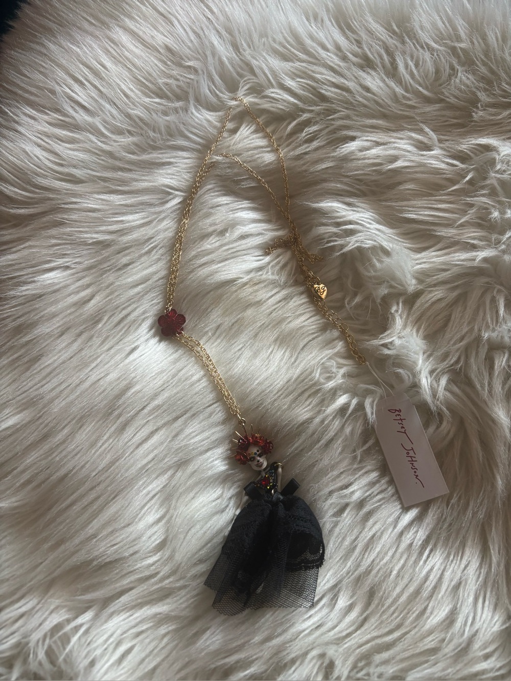 Betsey Johnson Gold-Tone Necklace with Black Doll Pendant and Red Accents